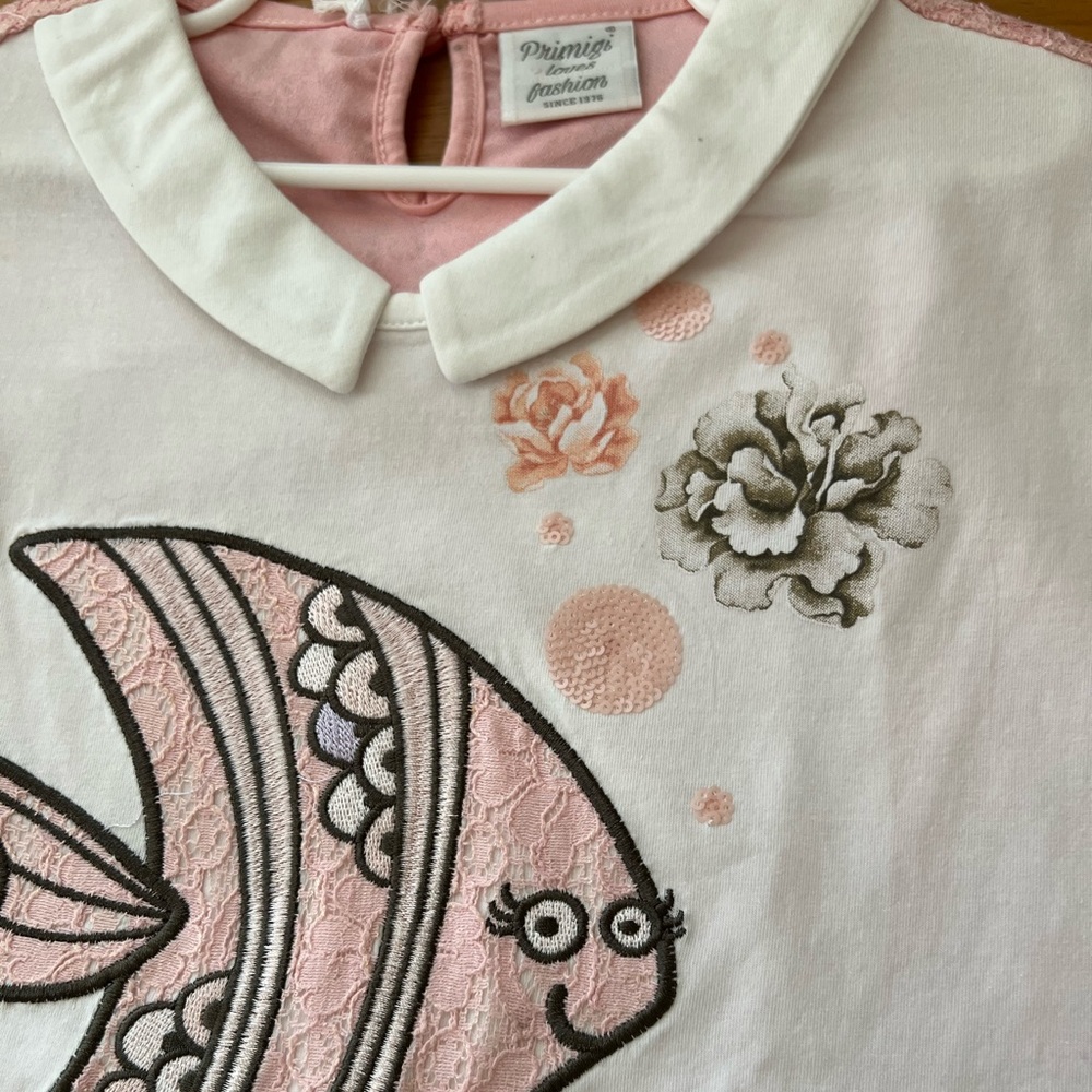 NWT Primigi Loves Fashion Girls Aquatic Fish Mixed Media Top Size 8 French/Euro